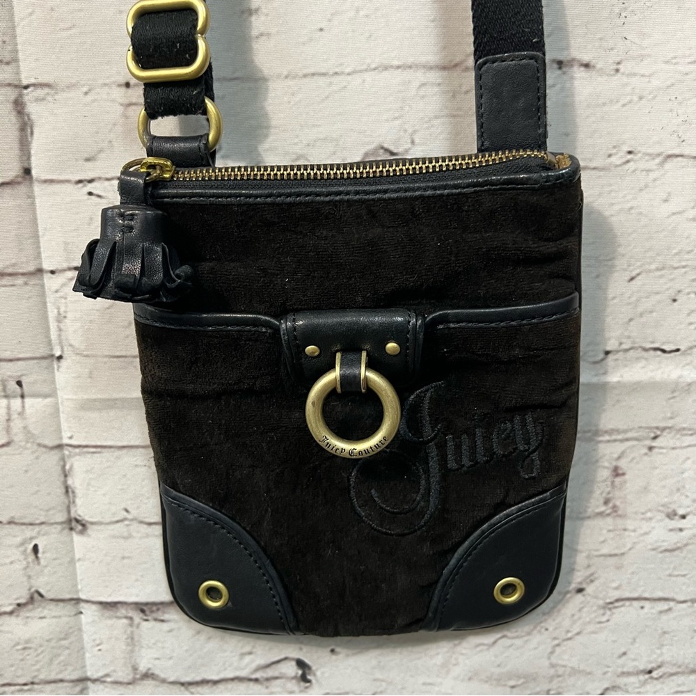 Vintage Juicy Couture Brown Velour Leather Crossbody Bag Purse Tassel Y2K - Picture 2 of 14
